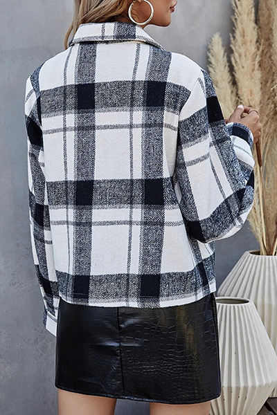 Casual Plaid Split Joint Buckle Turndown Collar Outerwear