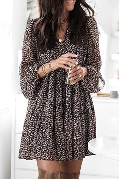 Elegant Print Buckle Flounce V Neck A Line Dresses