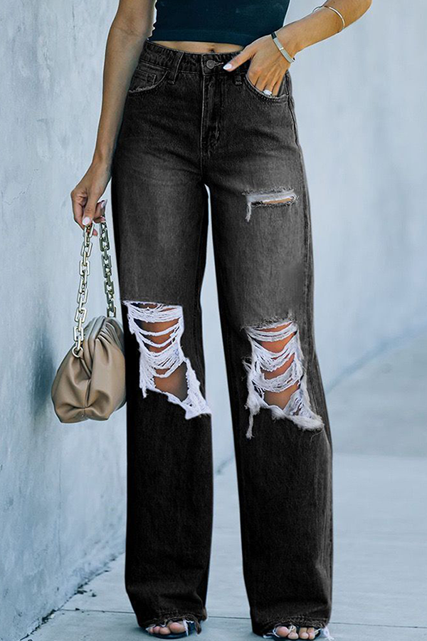 Casual Street Solid Tassel Ripped Straight Wide Leg Bottoms