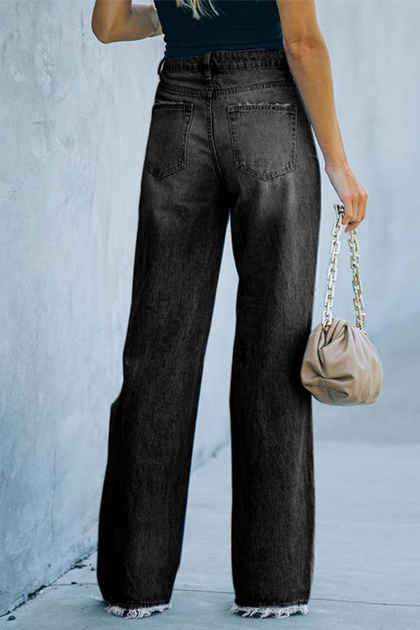 Casual Street Solid Tassel Ripped Straight Wide Leg Bottoms