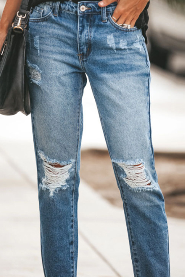 Temperament Commuting Solid Color Street Tassel Ripped Jeans