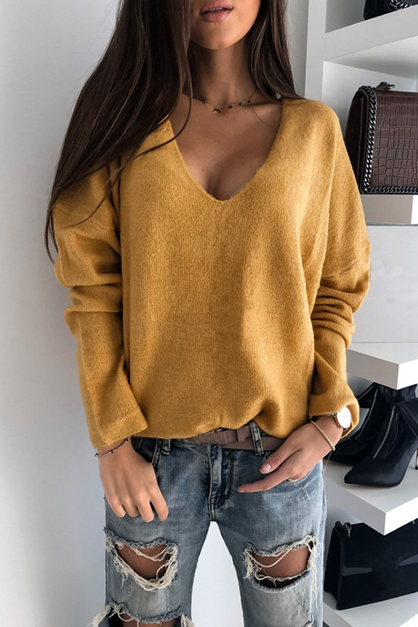 Casual Solid Basic V Neck Sweater(4 Colors)