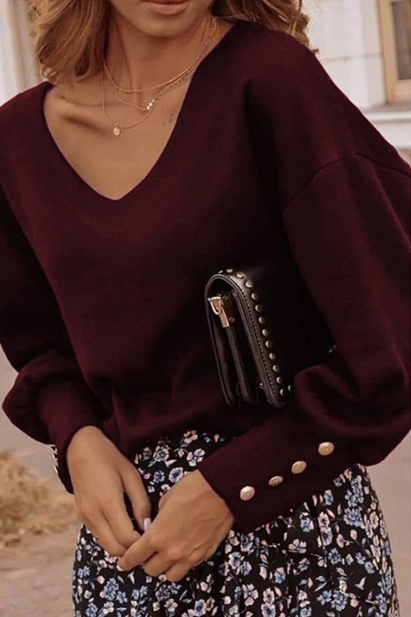 Casual Solid Patchwork Buckle V Neck Tops