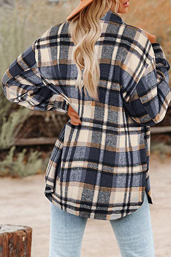 Casual Plaid Pocket Buckle Turndown Collar Outerwear(8 Colors)