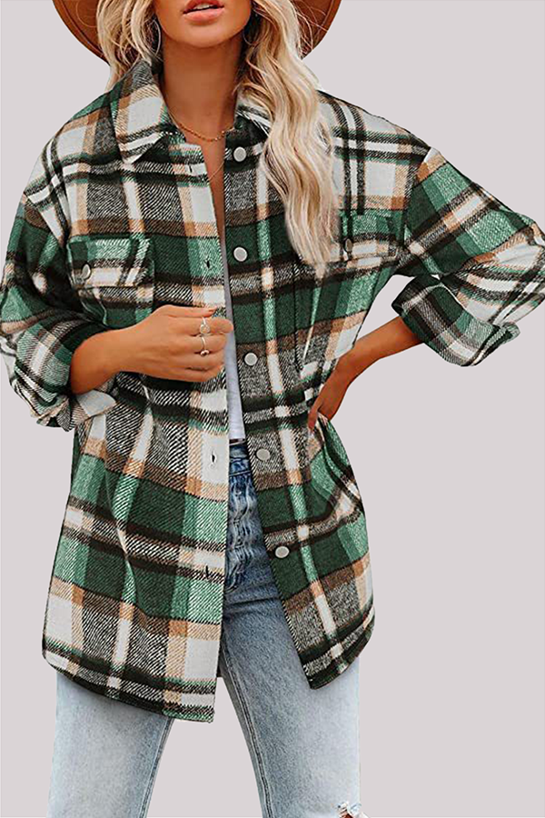 Casual Plaid Pocket Buckle Turndown Collar Outerwear(8 Colors)