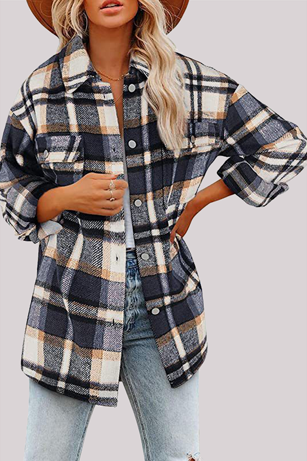 Casual Plaid Pocket Buckle Turndown Collar Outerwear(8 Colors)