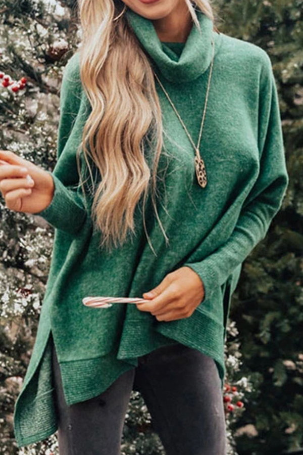 Casual Solid Split Joint Slit Turtleneck Tops