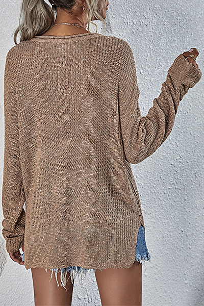 Casual Solid Draw String Basic V Neck Tops Sweater