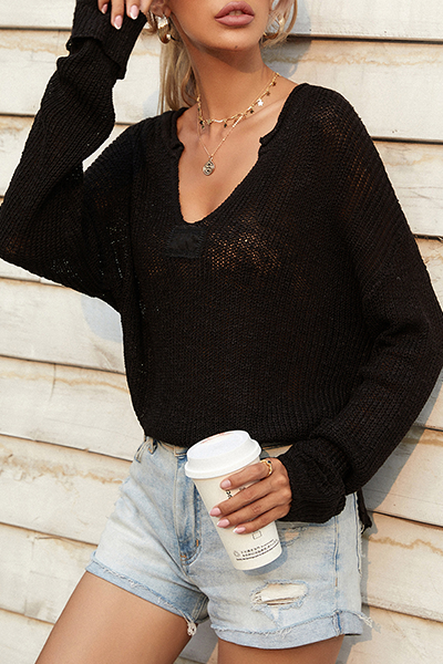 Casual Solid Draw String Basic V Neck Tops Sweater