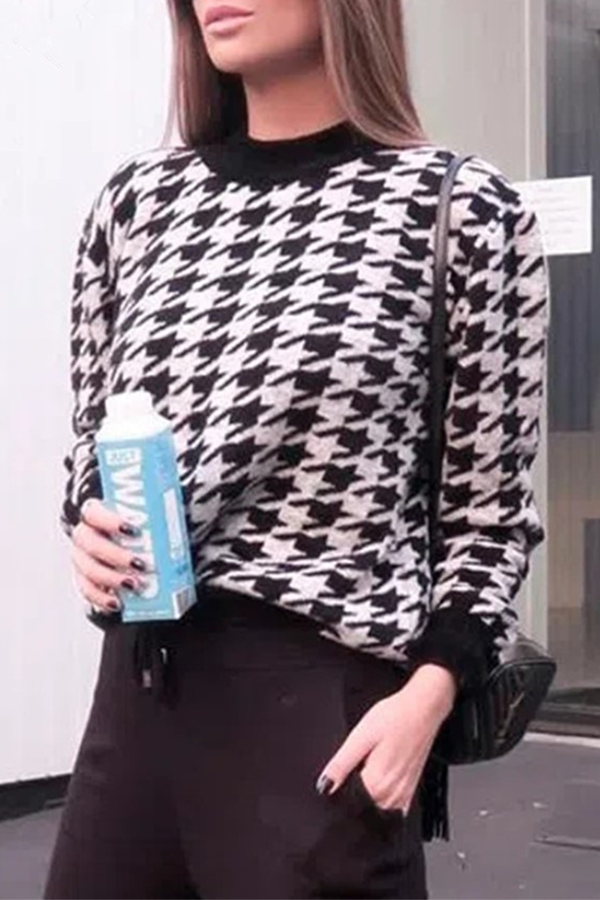 Fashion Street Geometric Patchwork Contrast O Neck Tops Sweater