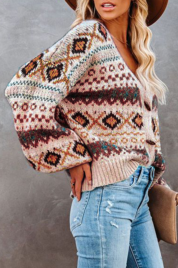 Casual Geometric Patchwork Buckle V Neck Outerwear Sweater