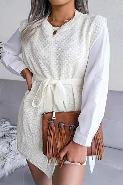 Casual Solid Slit With Belt O Neck Tops Sweater