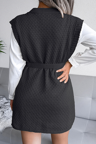 Casual Solid Slit With Belt O Neck Tops Sweater