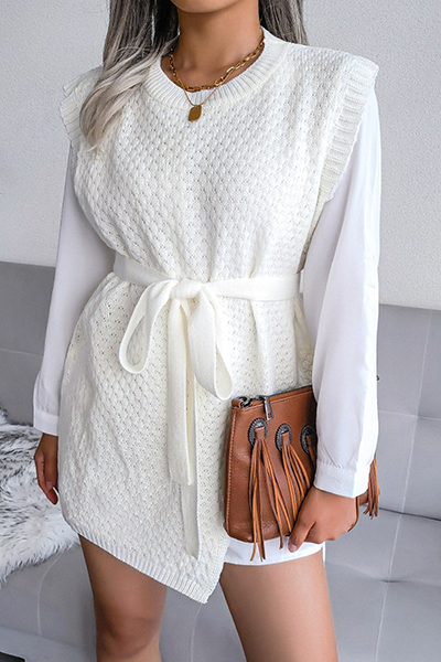 Casual Solid Slit With Belt O Neck Tops Sweater