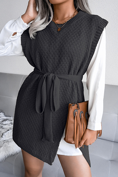 Casual Solid Slit With Belt O Neck Tops Sweater