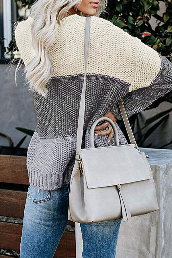 Casual Patchwork Basic  Contrast O Neck Tops Sweater