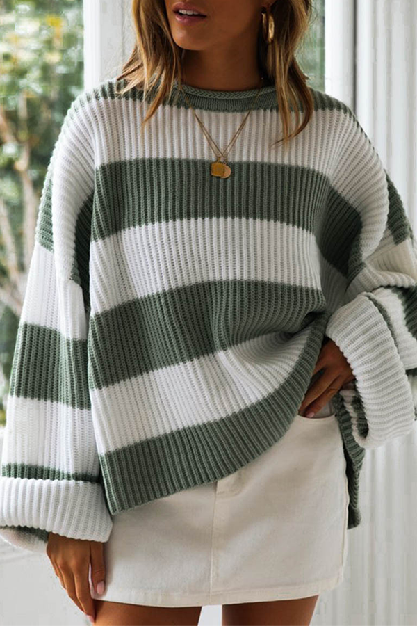 Casual Striped Split Joint  Contrast O Neck Tops Sweater（5 colors）