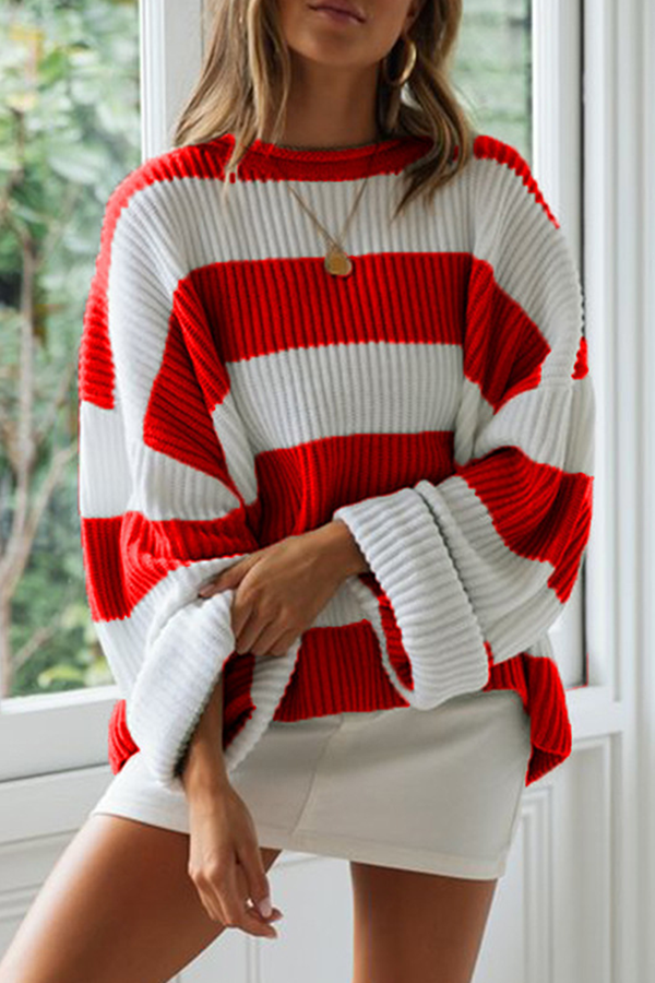 Casual Striped Split Joint  Contrast O Neck Tops Sweater（5 colors）