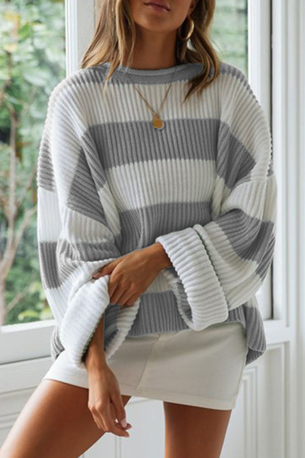 Casual Striped Split Joint  Contrast O Neck Tops Sweater（5 colors）