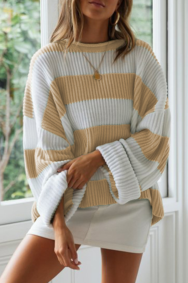 Casual Striped Split Joint  Contrast O Neck Tops Sweater（5 colors）