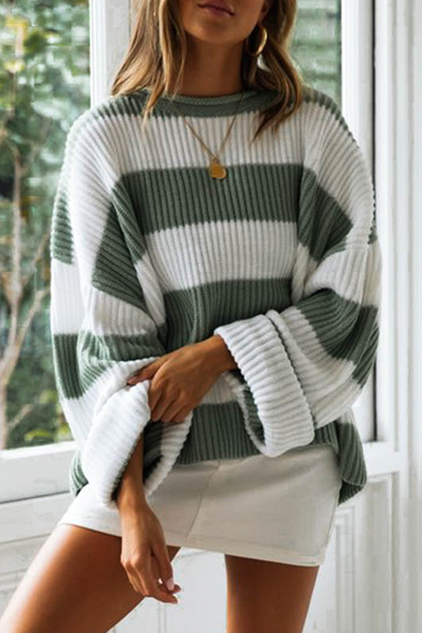 Casual Striped Split Joint  Contrast O Neck Tops Sweater（5 colors）