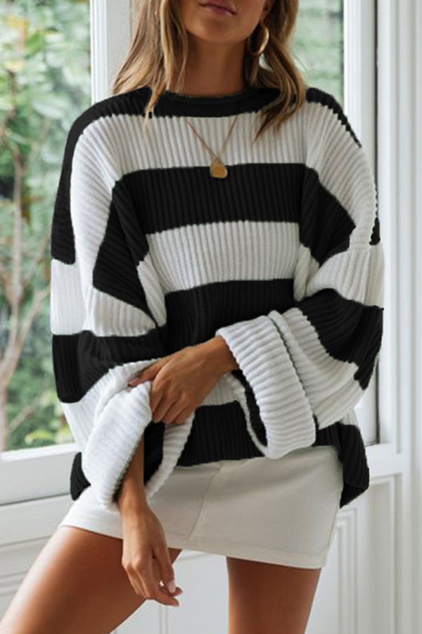 Casual Striped Split Joint  Contrast O Neck Tops Sweater（5 colors）