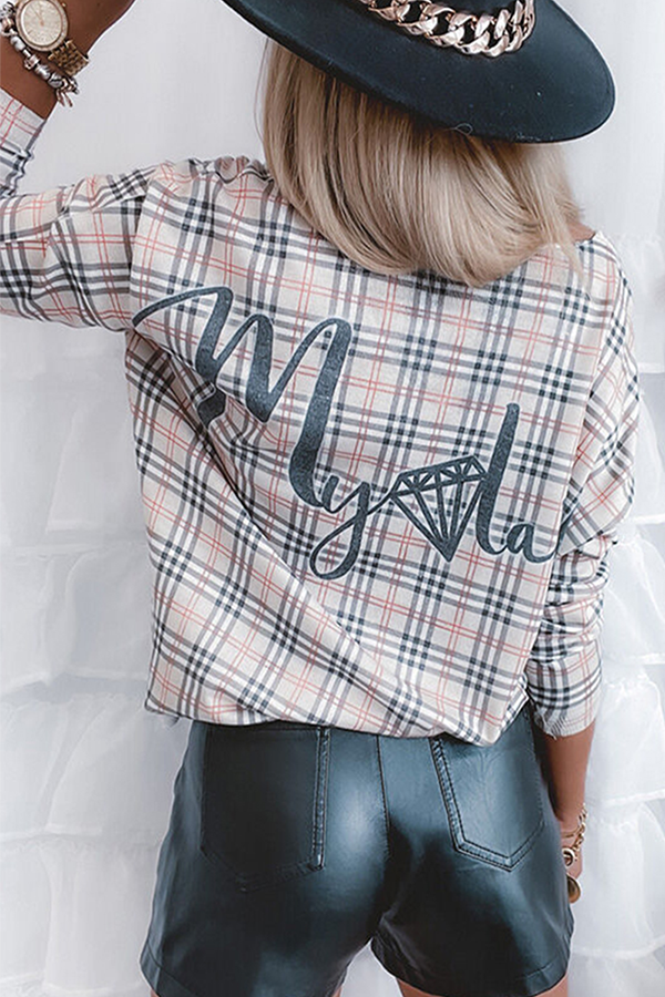 Casual Letter Plaid Split Joint Basic Oblique Collar Tops