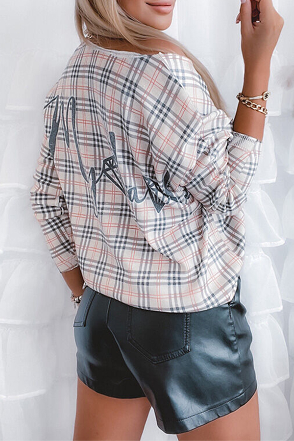 Casual Letter Plaid Split Joint Basic Oblique Collar Tops