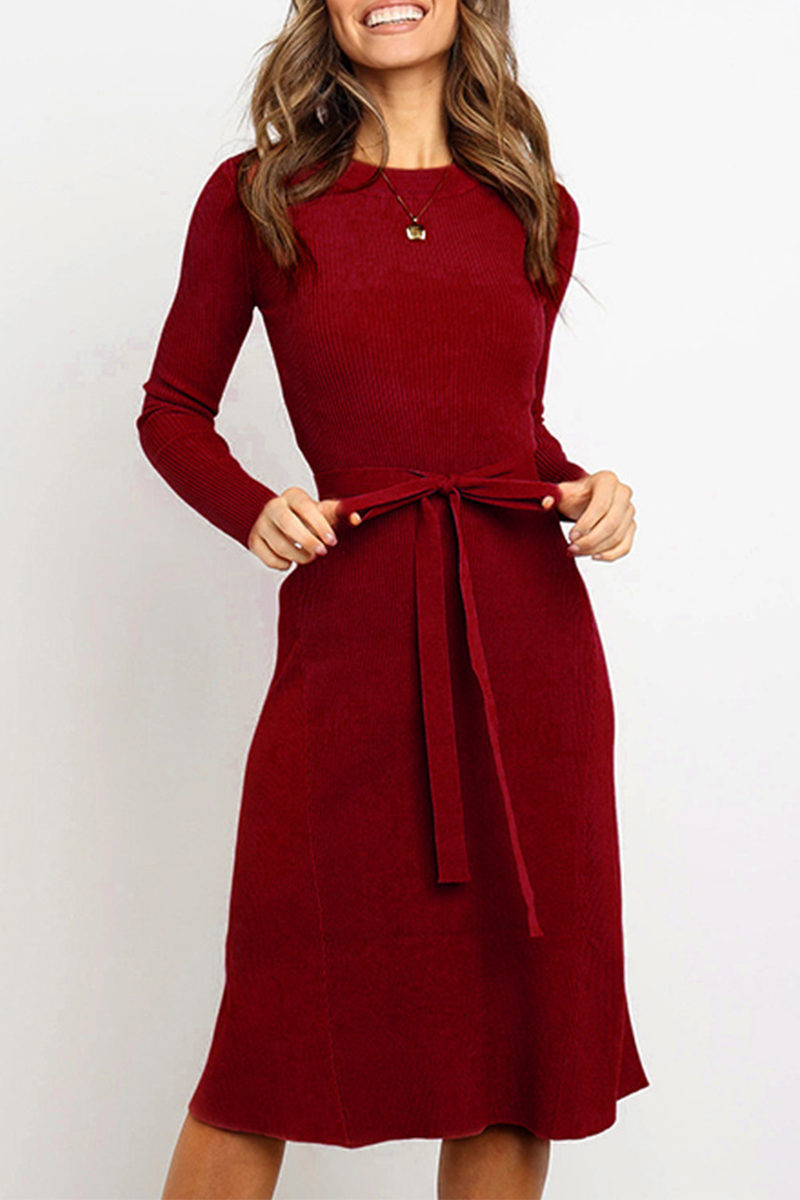 Fashion Casual Solid Basic With Belt O Neck Dresses