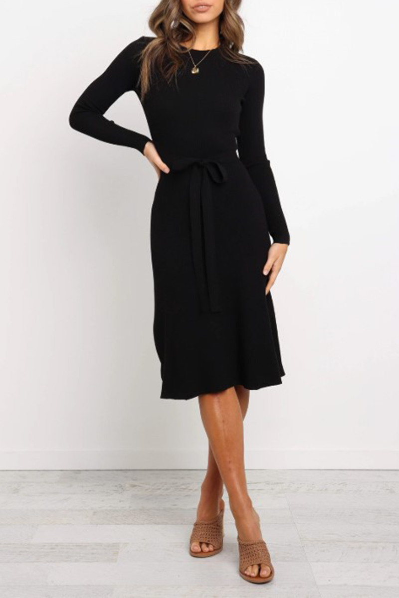 Fashion Casual Solid Basic With Belt O Neck Dresses