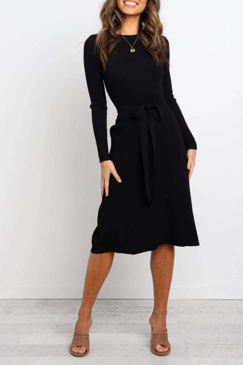 Fashion Casual Solid Basic With Belt O Neck Dresses