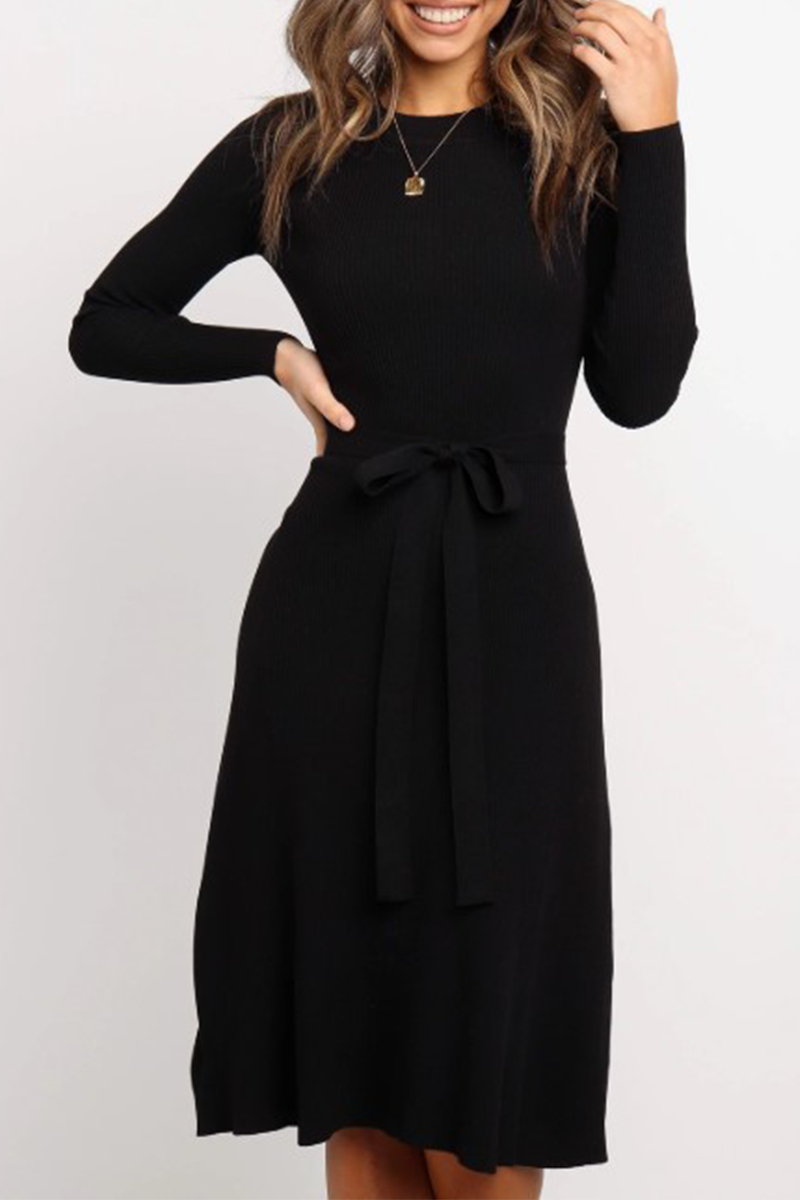 Fashion Casual Solid Basic With Belt O Neck Dresses