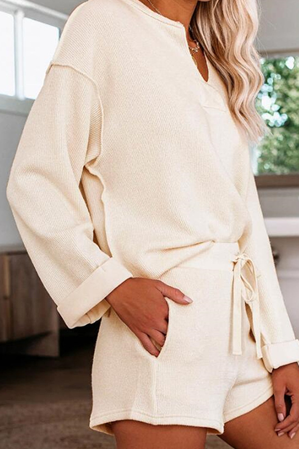 Casual Solid Patchwork Draw String V Neck Long Sleeve Two Pieces