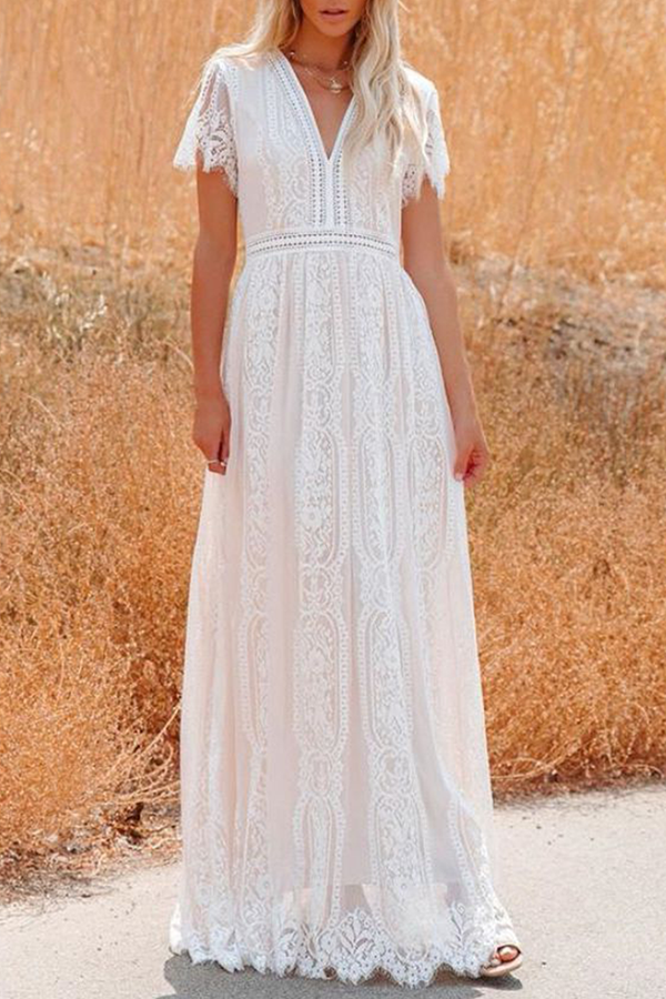 Fashion Elegant Solid Lace Split Joint V Neck A Line Dresses