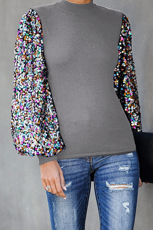 Fashion Casual Patchwork Sequins Half A Turtleneck Tops（6 colors）