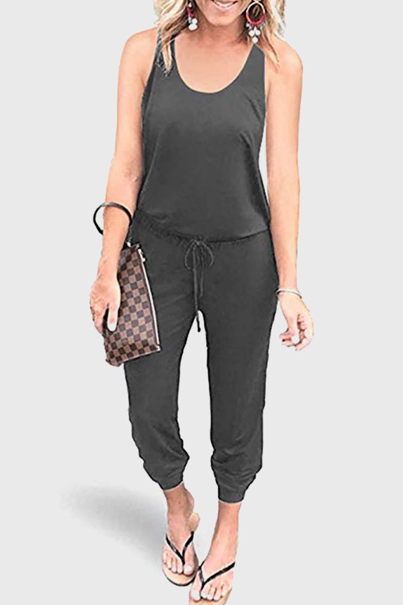 Casual Solid Patchwork Frenulum U Neck Jumpsuits