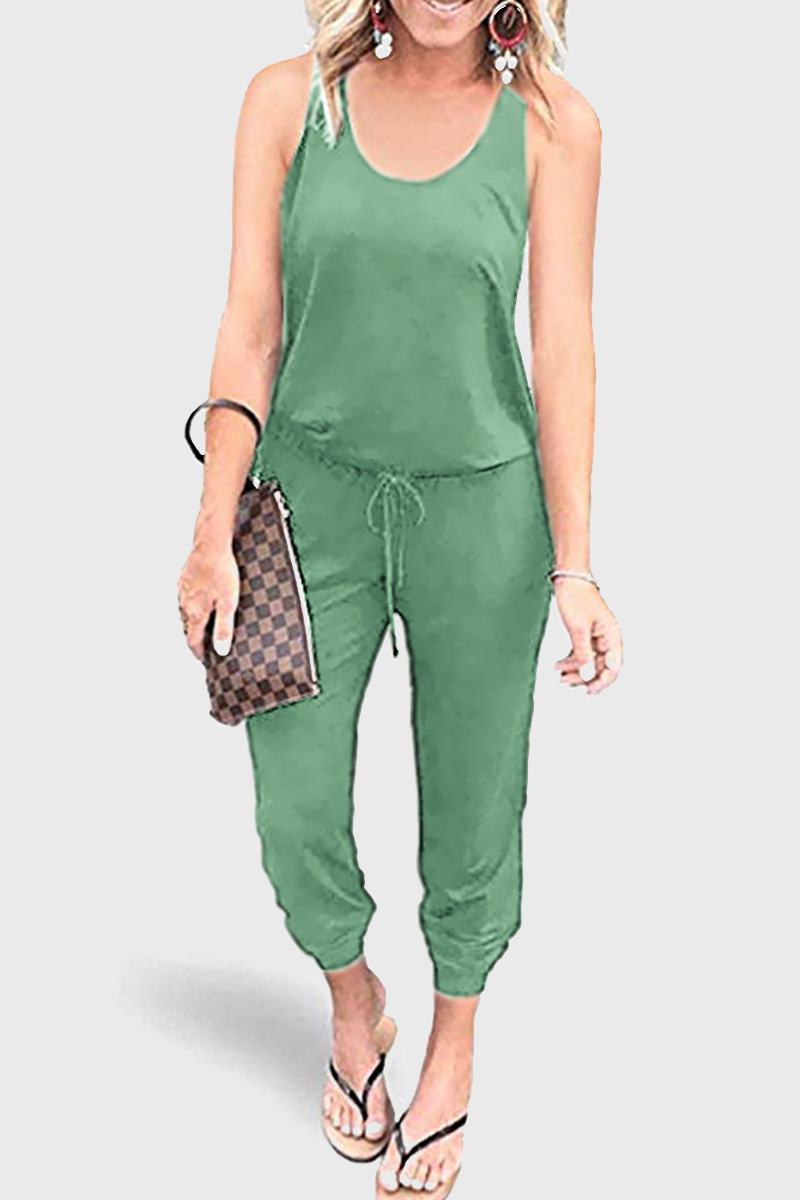 Casual Solid Patchwork Frenulum U Neck Jumpsuits