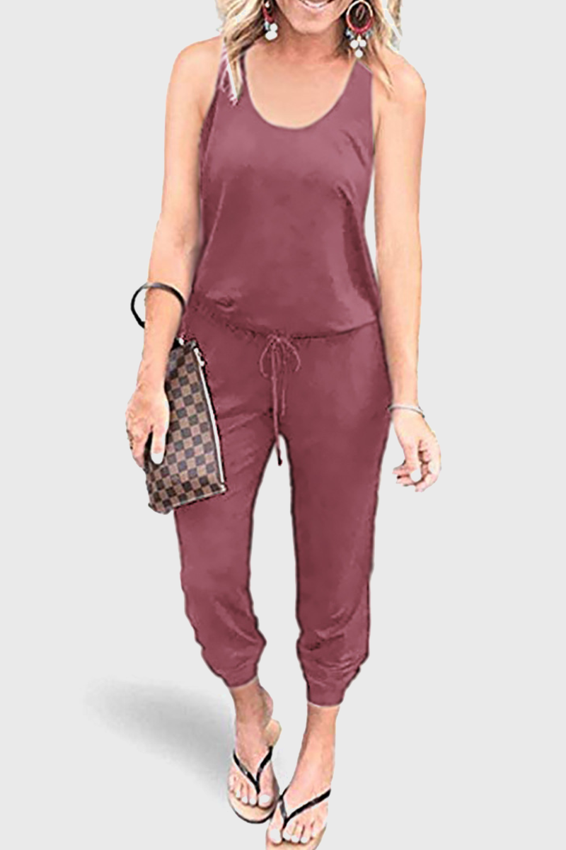 Casual Solid Patchwork Frenulum U Neck Jumpsuits