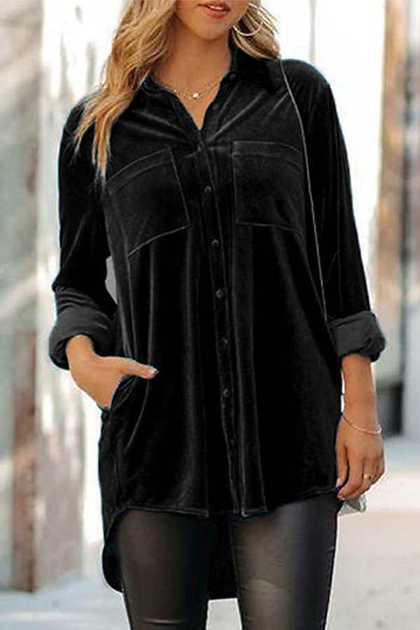 Casual Solid Pocket Buckle Turndown Collar Tops