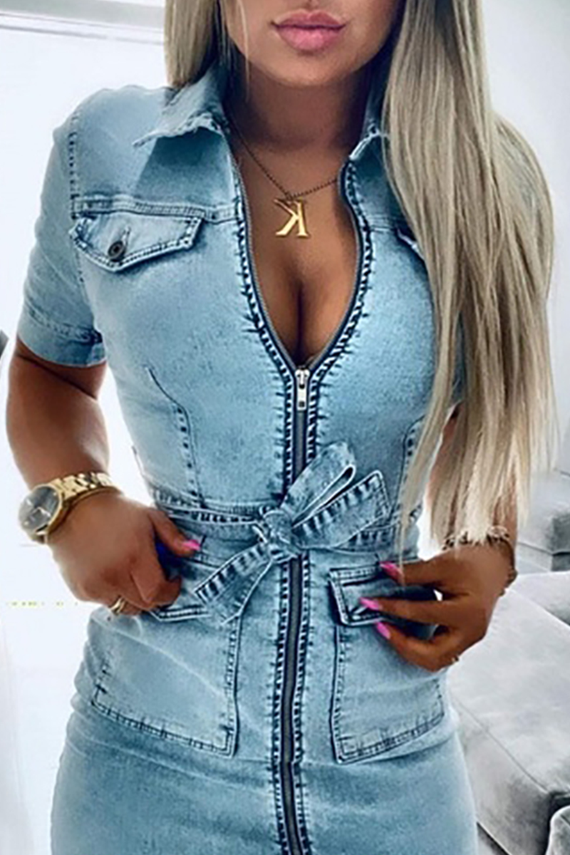 Sexy Solid Patchwork Turndown Collar Short Sleeve Skinny Denim Dresses(4 Colors)