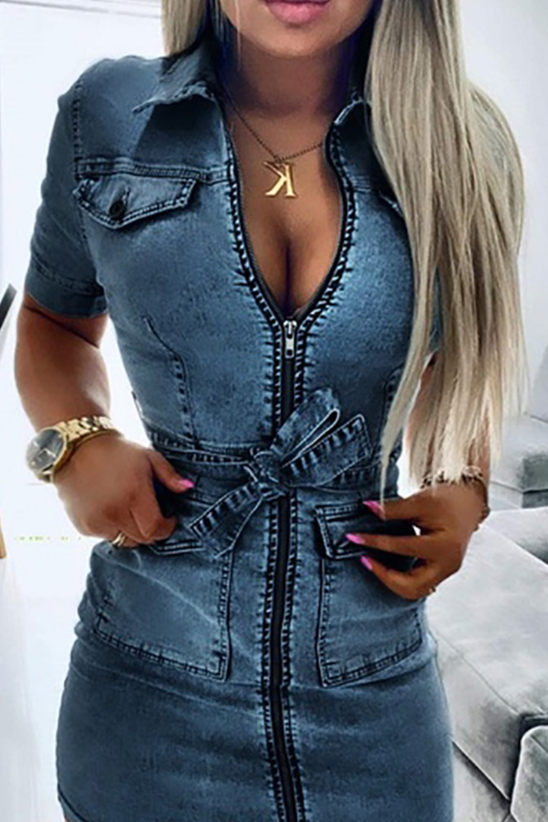 Sexy Solid Patchwork Turndown Collar Short Sleeve Skinny Denim Dresses(4 Colors)