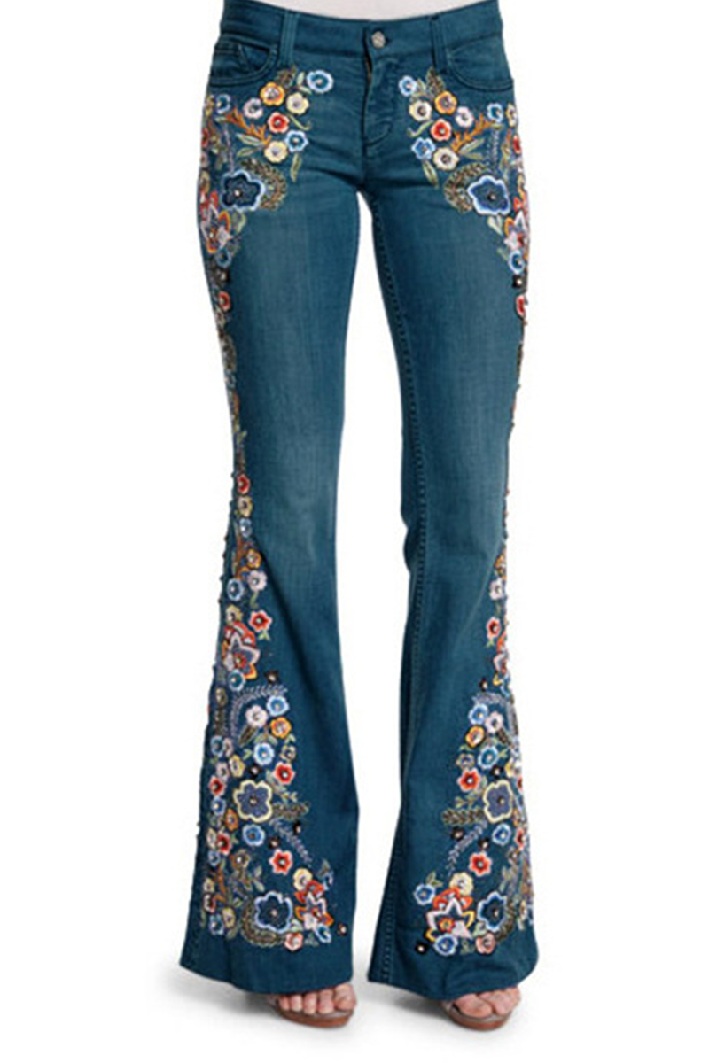 Casual Print Patchwork Boot Cut Denim Jeans