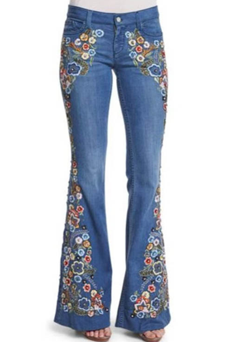 Casual Print Patchwork Boot Cut Denim Jeans