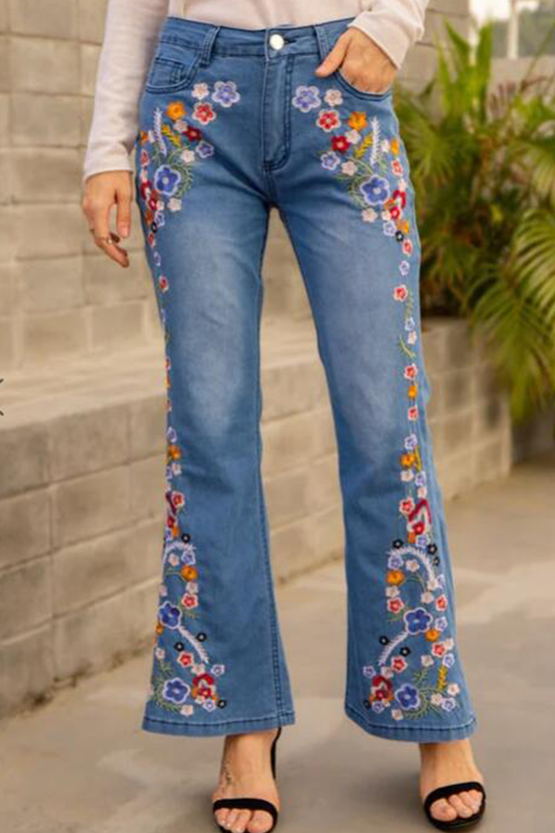 Casual Print Patchwork Boot Cut Denim Jeans