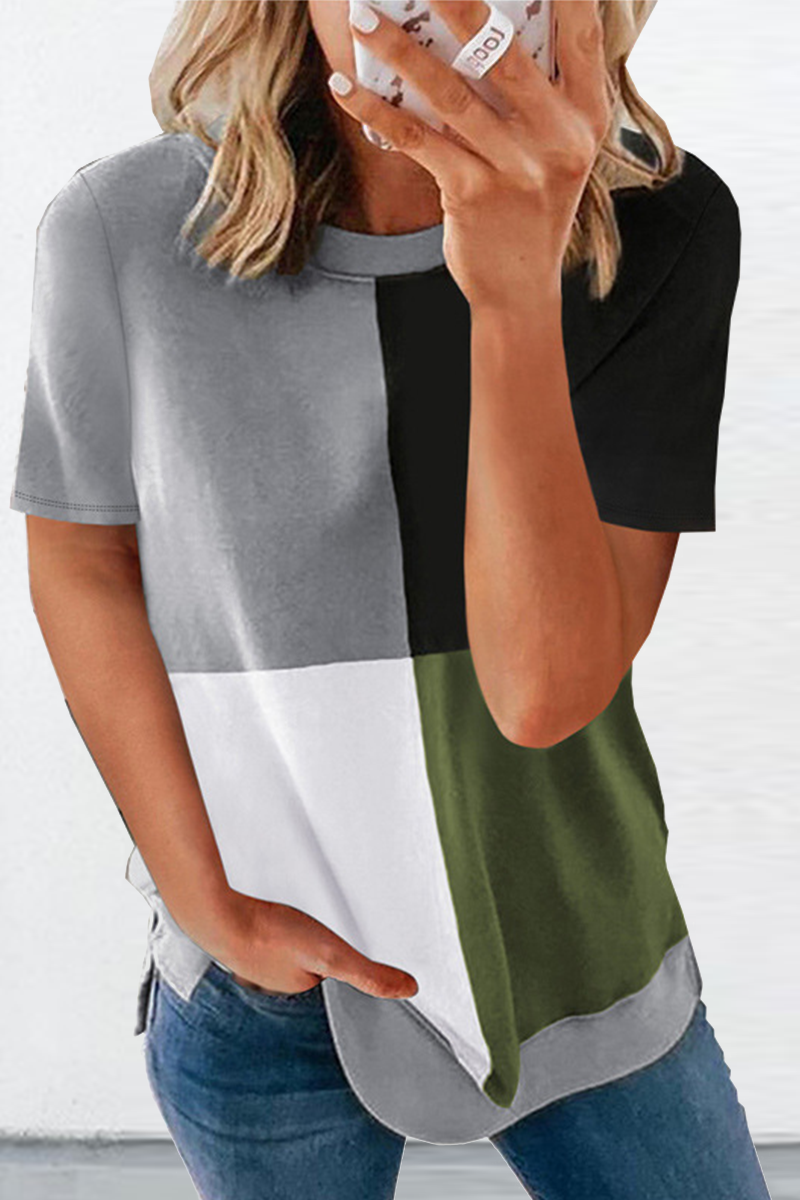 Casual Solid Patchwork O Neck T-Shirts