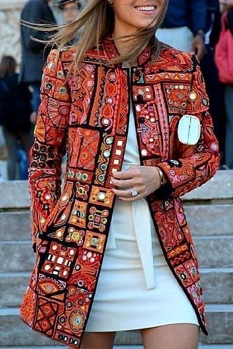 Casual Print Split Joint Cardigan Collar Outerwear