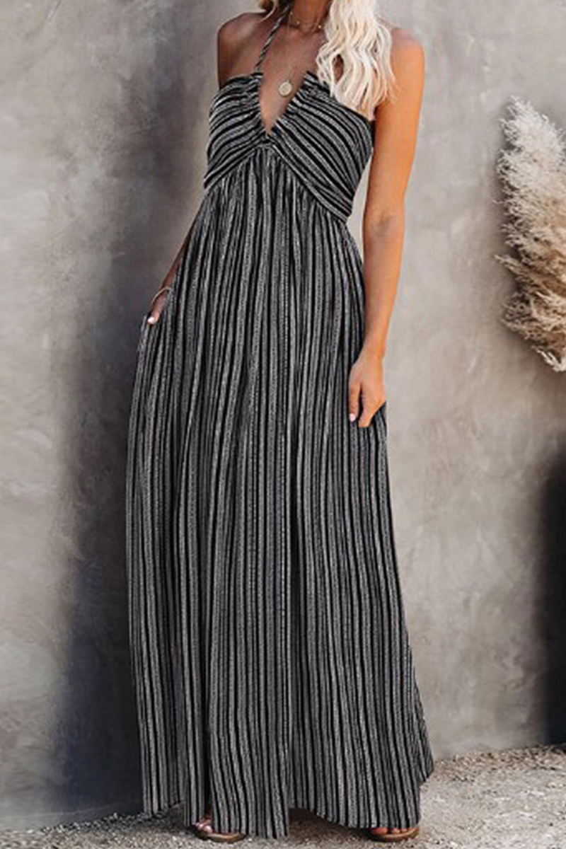 Casual Striped Split Joint Halter Cake Skirt Dresses