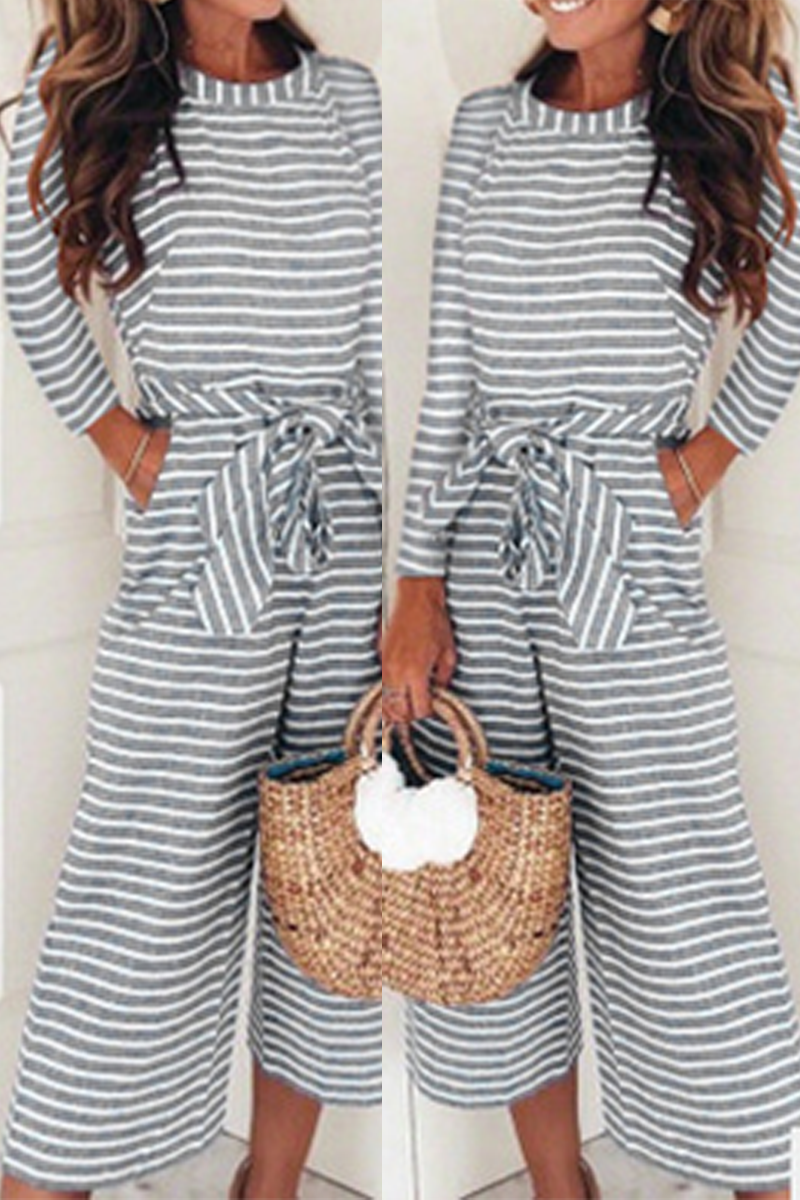 Casual Striped O Neck Straight Jumpsuits(2 Colors)