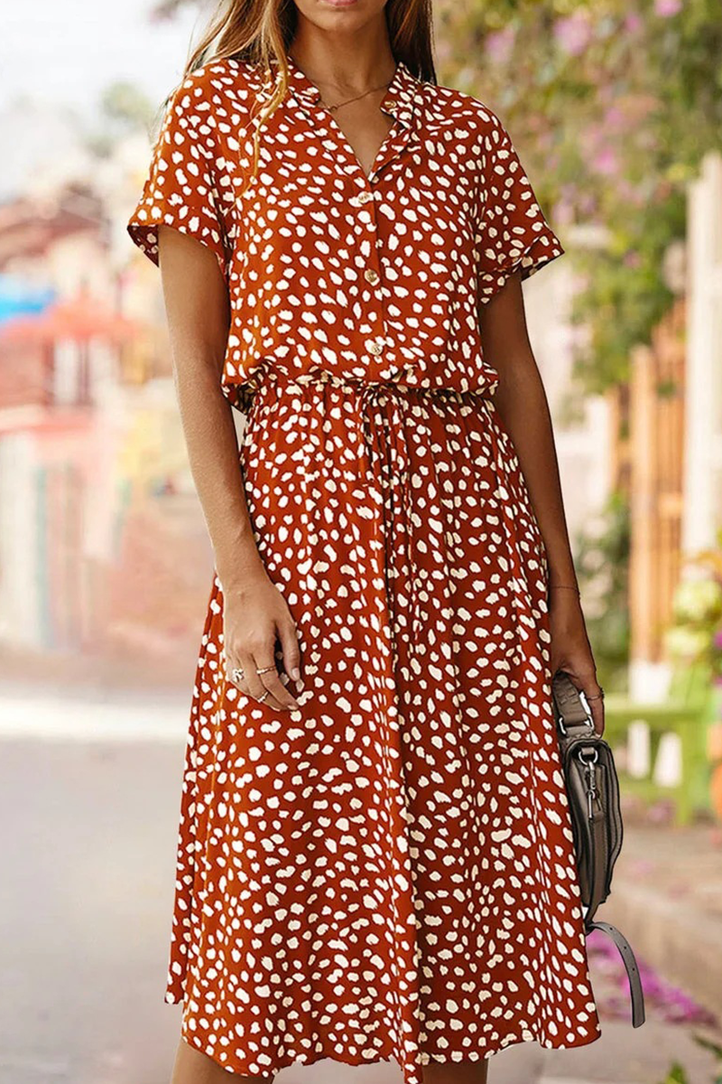 Casual Print Split Joint Turndown Collar Waist Skirt Dresses(8 colors)