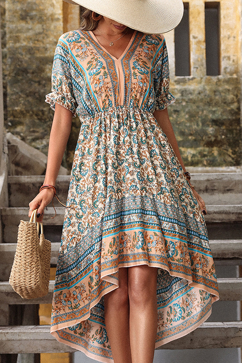 Fashion Print Patchwork V Neck Irregular Dress Dresses